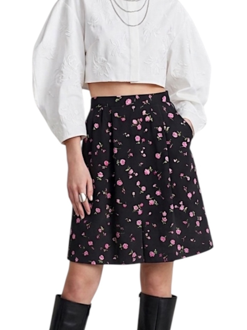 Vintage 80s 90s pleated black floral flowy loose knee shorts wrap skort M